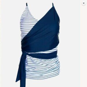 NWT Nani Women's Small Tankini Top Swim Swimsuit Pinstripe Wrap Tie Blue White